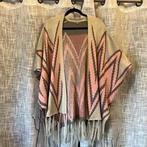 Charlotte Russe Boho Women's Fringe Open-Front Sweater Poncho - Pink & Beige